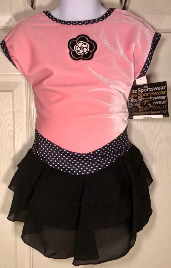 GK ICE SKATE GIRLS SMALL CAP SLEEVE PINK VELVET BLACK POLKA DOT RUFFLE DRESS CS