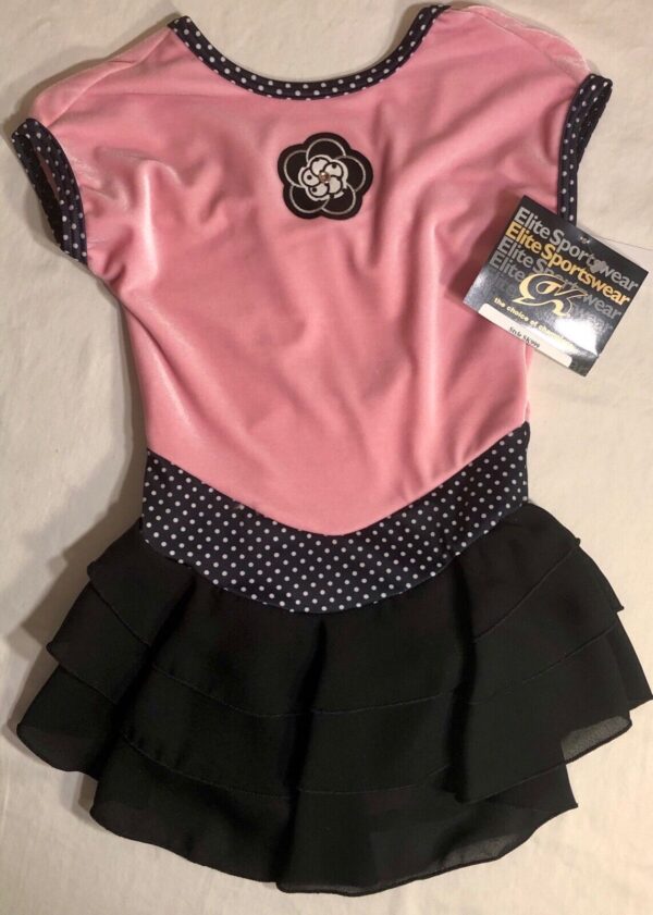 GK ICE SKATE GIRLS SMALL CAP SLEEVE PINK VELVET BLACK POLKA DOT RUFFLE DRESS CS - Image 3