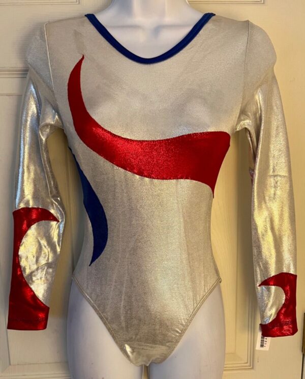 GK LgSLV WHITE RED BLUE MYSTIQUE ADULT SMALL GYMNASTICS DANCE LEOTARD Sz AS NWT!