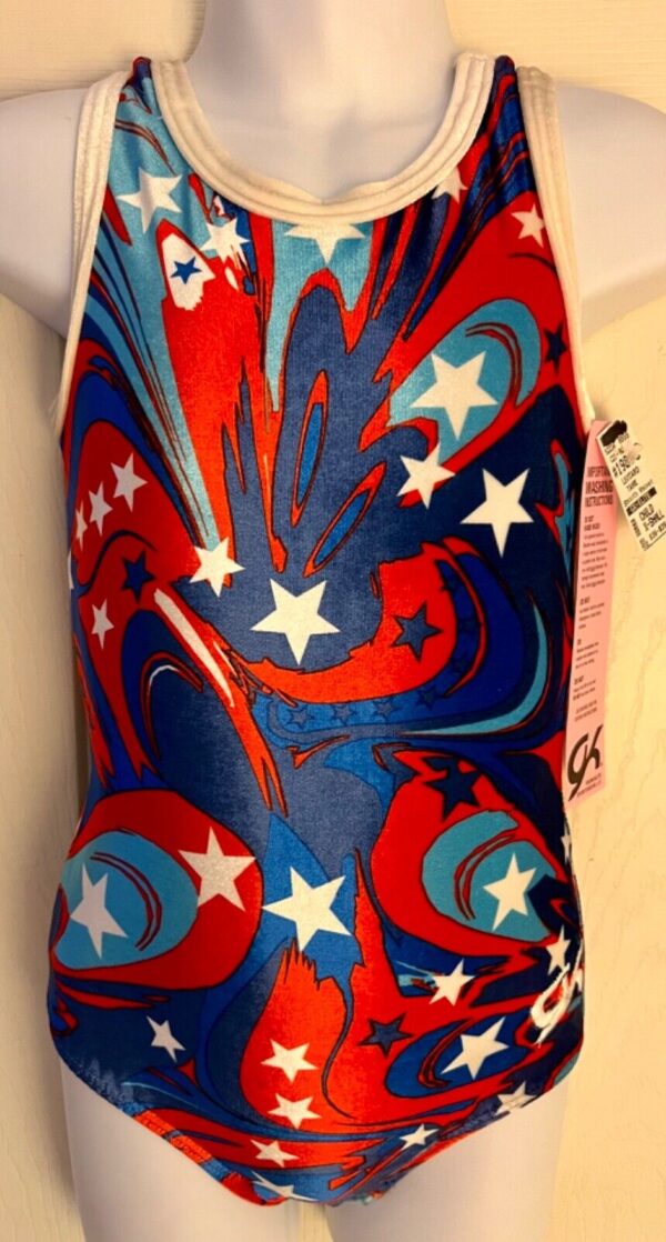 GK "LIQUID AMERICA" VELVET CHILD X-SMALL STARS GYMNASTICS DANCE TANK LEOTARD XS