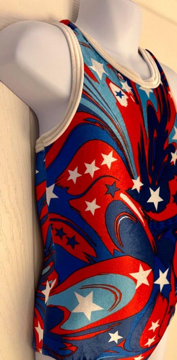 GK "LIQUID AMERICA" VELVET CHILD X-SMALL STARS GYMNASTICS DANCE TANK LEOTARD XS - Image 3