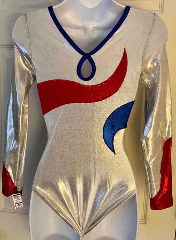 GK LgSLV WHITE RED BLUE MYSTIQUE ADULT SMALL GYMNASTICS DANCE LEOTARD Sz AS NWT! - Image 8