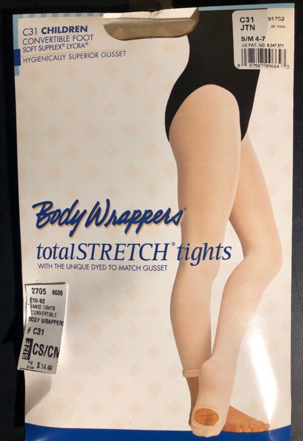 BODY WRAPPERS CHILD Total STRETCH Convertible Foot Dance Tights Spandex TAN S/M