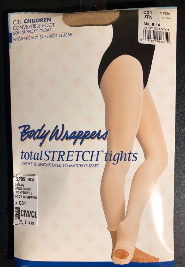 BODY WRAPPERS CHILD Total STRETCH Convertible Foot Dance Tights Spandex TAN M/L