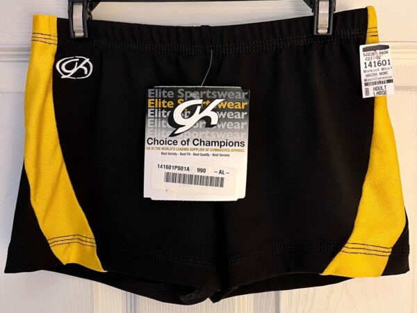 GK CHEER ADULT LARGE MICRO MINI BLACK NYLON/SPAN YELLOW MESH GYM DANCE SHORTS AL