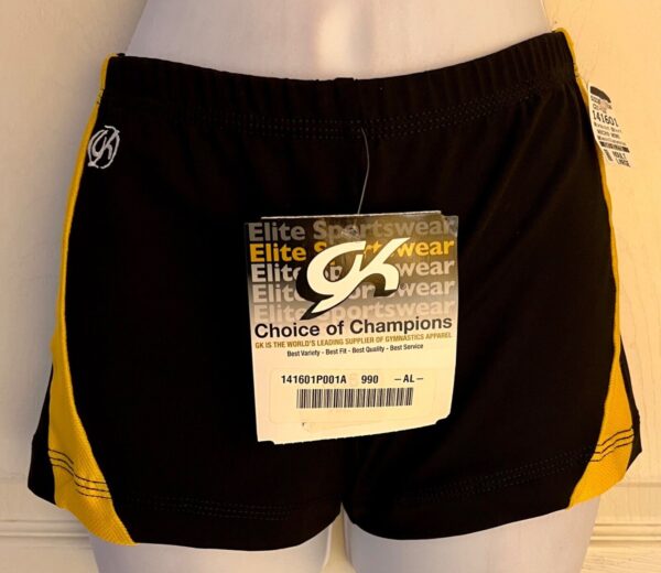 GK CHEER ADULT LARGE MICRO MINI BLACK NYLON/SPAN YELLOW MESH GYM DANCE SHORTS AL - Image 2