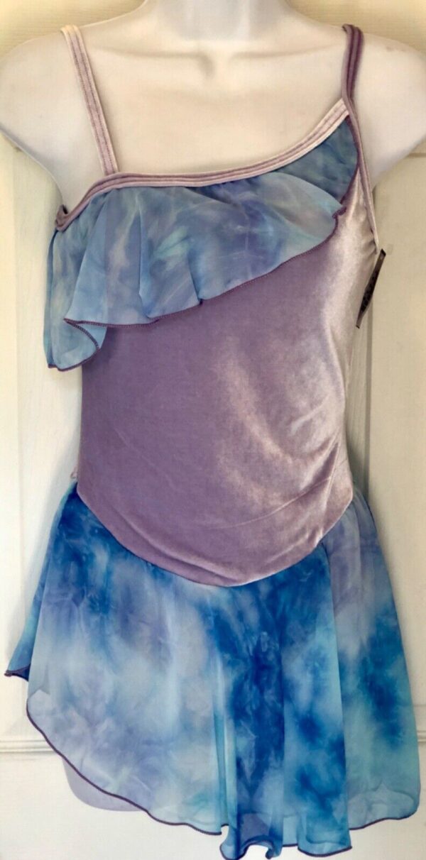 GK LAVENDER VELVET CAMI ICE FIGURE SKATE ADULT SMALL ASYM TIE-DYE CHIF DRESS AS