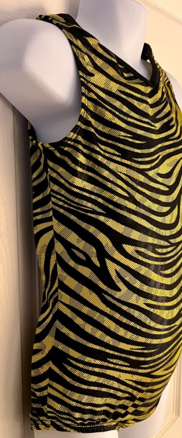 GK CHILD SMALL YELLOW ZEBRA FOIL PRINT BLACK NYLON GYMNASTS DANCE TANK LEOTARD S - Image 2