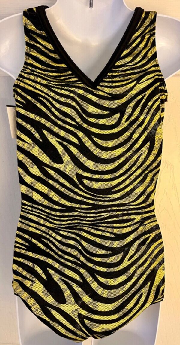 GK CHILD SMALL YELLOW ZEBRA FOIL PRINT BLACK NYLON GYMNASTS DANCE TANK LEOTARD S - Image 7