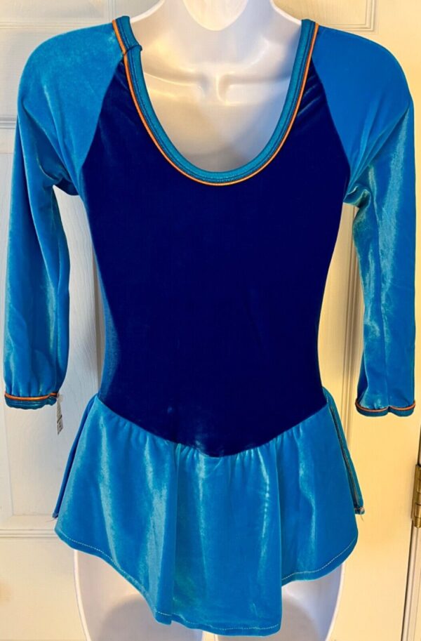 GK FIGURE SKATE ADULT SMALL 3/4 SLV 2-TONE BLUE VELVET FOIL TRIM DRESS Ss AS - Image 8