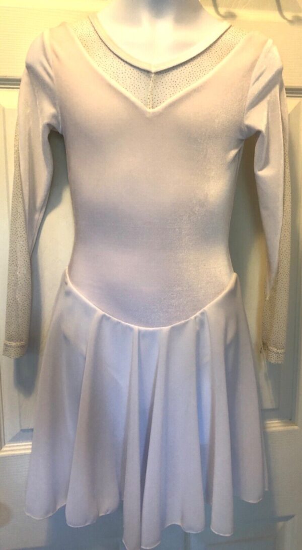 GK WHITE VELVET CHILD LARGE GLITTERED MESH V-BACK ICE DANCE SKATE DRESS Sz CL