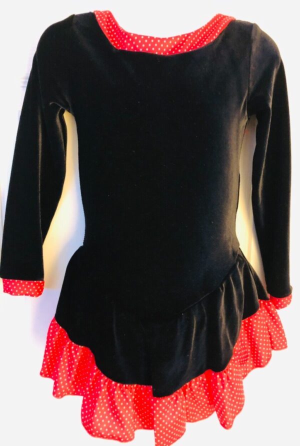 GK ICE SKATE Lg SLV GIRL X-SMALL BLACK VELVET POLKA DOT TRIM RUFFLE DRESS Sz CXS