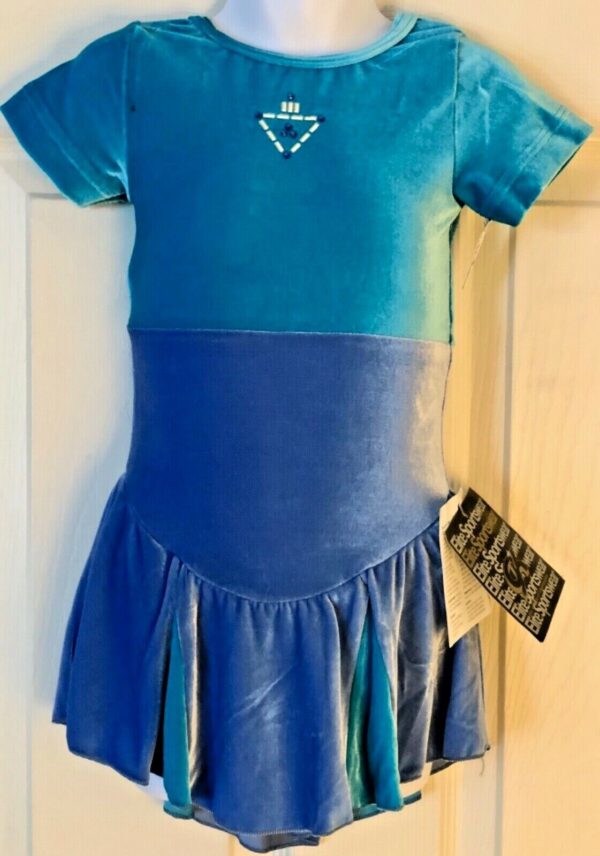 GK ELITE ICE FIGURE SKATE GIRLS SMALL SSLV GREEN BLUE VELVET JA DRESS Sz CS NWT!