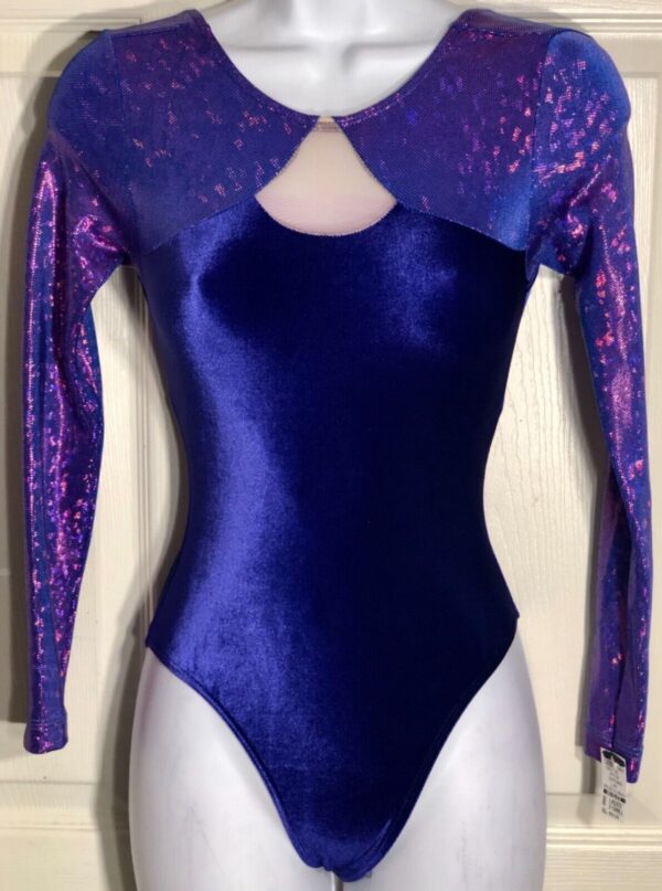 GK LgSLV ADULT X-SMALL CONCORD VELVET PURPLE FOIL GYMNASTIC DANCE LEOTARD AXS