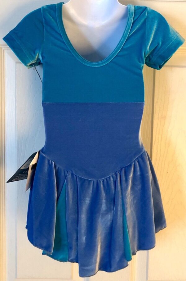 GK ELITE ICE FIGURE SKATE GIRLS SMALL SSLV GREEN BLUE VELVET JA DRESS Sz CS NWT! - Image 9