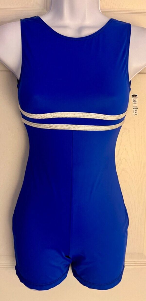 GK BIKETARD ADULT SMALL ROYAL NYLON/SPANDEX SILVER TRIM DANCE GYMNAST TANK Sz AS