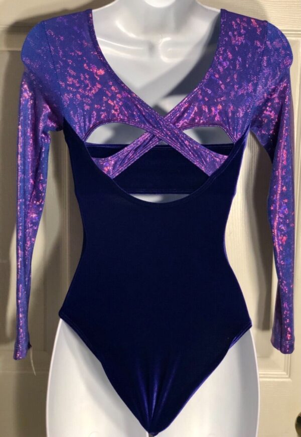 GK LgSLV ADULT X-SMALL CONCORD VELVET PURPLE FOIL GYMNASTIC DANCE LEOTARD AXS - Image 5