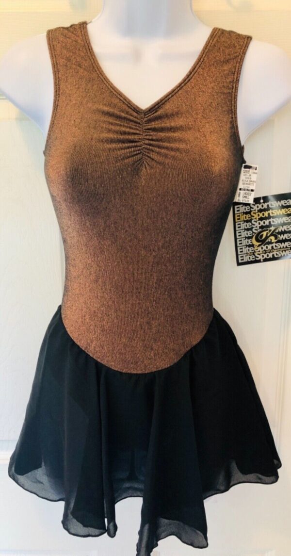 GK ICE DANCE SKATE ANTIQ COPPER LUREX ADULT SMALL SLVLS BLACK SKIRT DRESS Sz AS