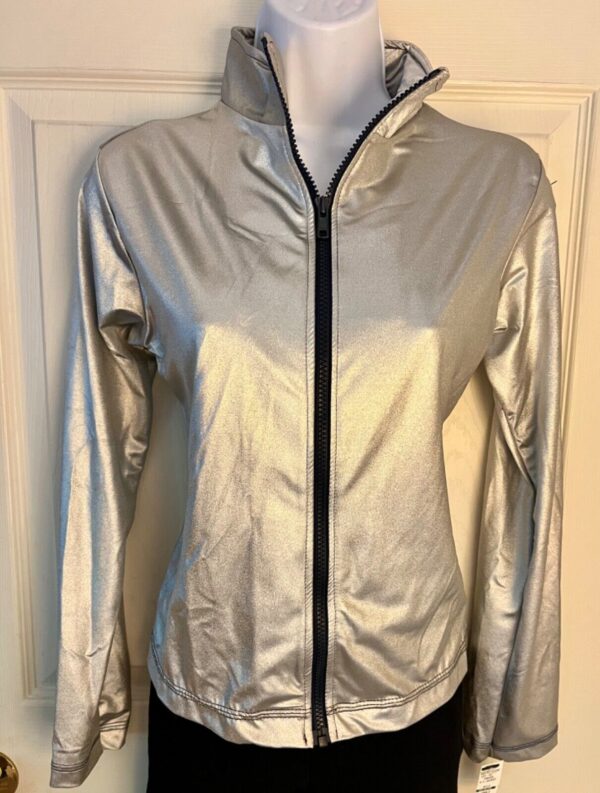 GK WARM UP JACKET ADULT SMALL SILVER METALLIC ZIP FRONT GYMNASTICS DANCE CHEER S