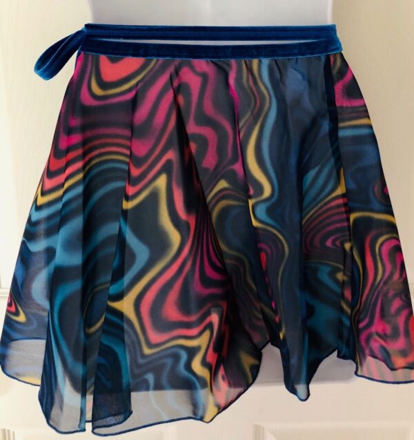 GK DANCE BALLET WRAP SKIRT CHILD LARGE ABSTRACT WAVE PATTERN BLUE VELVET TIE CL - Image 3