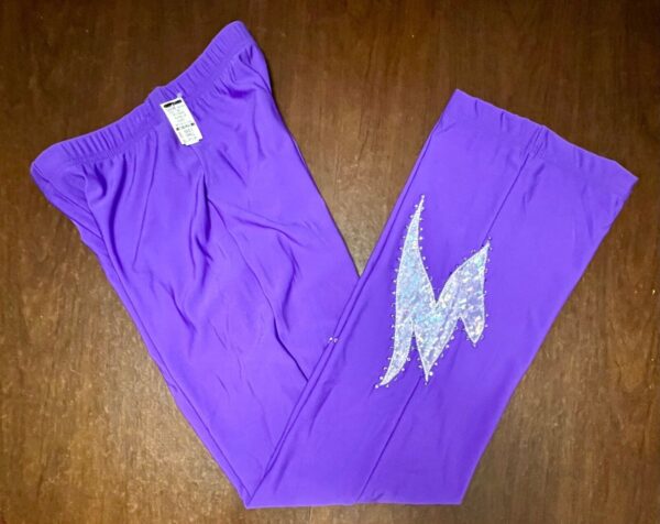 GK PURPLE BRUSHED TRICOT ADULT SMALL FOIL JA GYMNASTS CHEER WARM UP PANTS Sz S