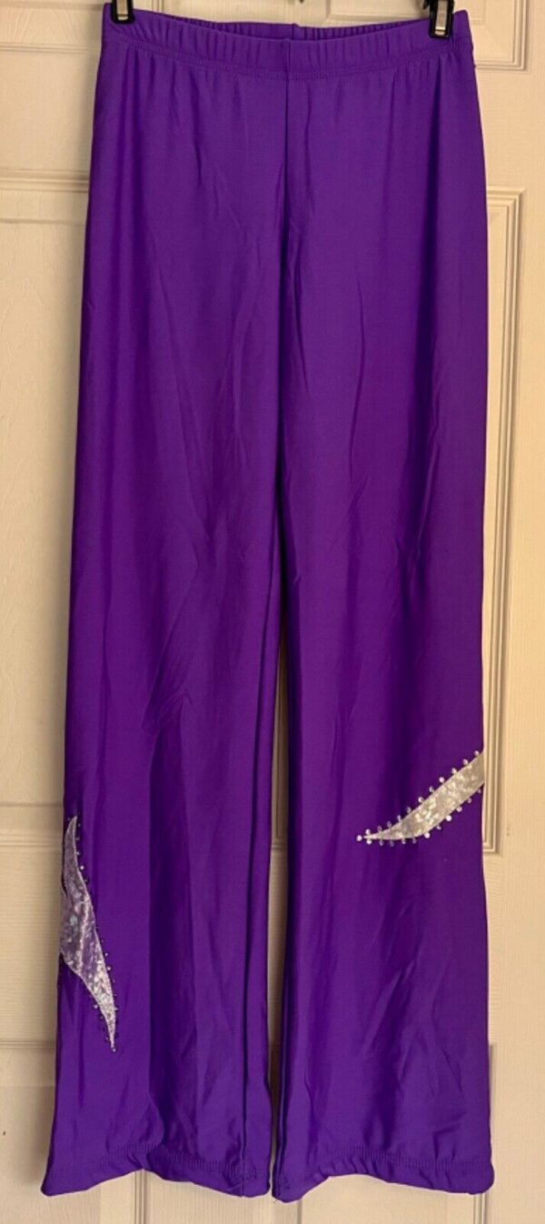 GK PURPLE BRUSHED TRICOT ADULT SMALL FOIL JA GYMNASTS CHEER WARM UP PANTS Sz S - Image 3