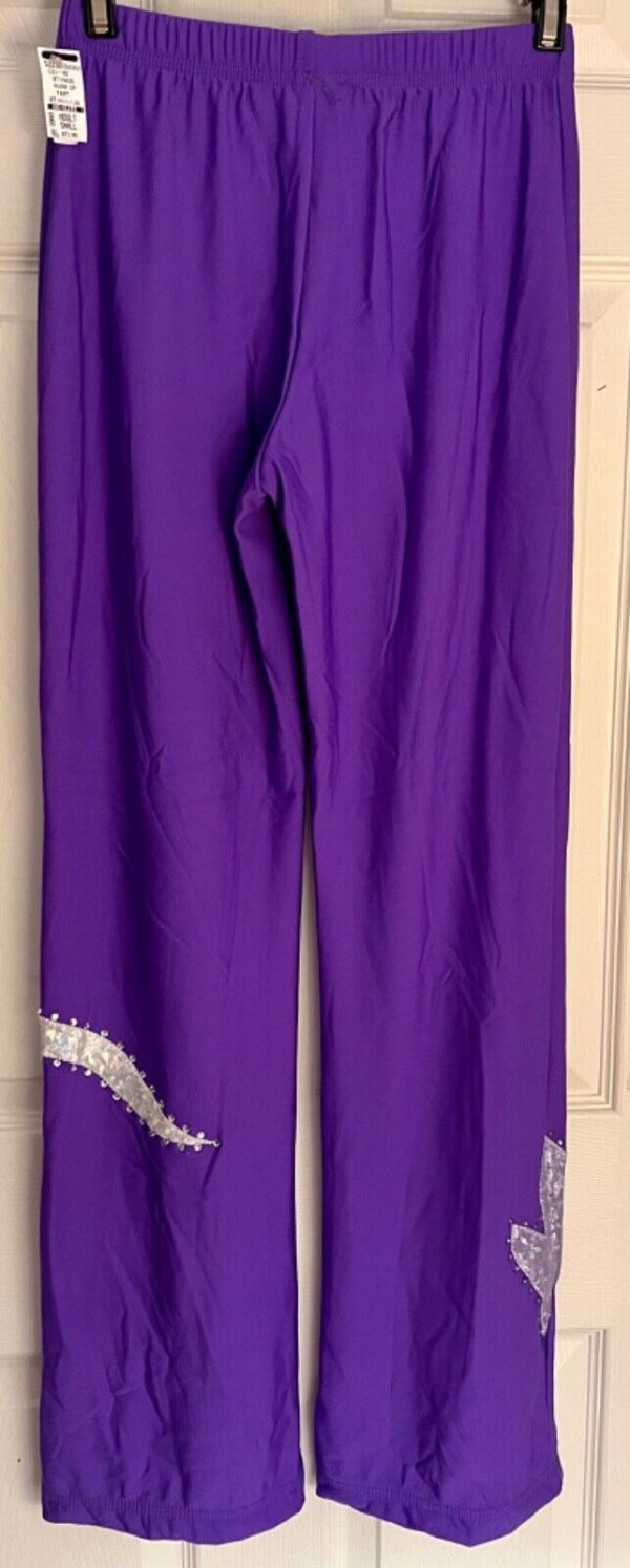 GK PURPLE BRUSHED TRICOT ADULT SMALL FOIL JA GYMNASTS CHEER WARM UP PANTS Sz S - Image 5